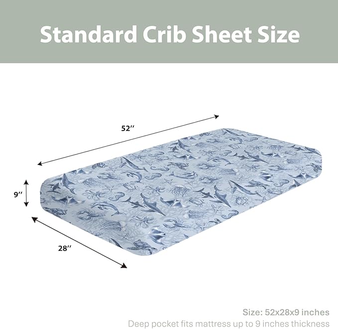 Retro Marine Animals Baby Crib Sheets Boy Girl 28"x52" Whale Dolphin Jellyfish Sea Horse Turtle Coral Soft Snug Fitted Crib Mattress Cover Ocean Animal Baby Sheet for Standard Crib & Toddler Mattress