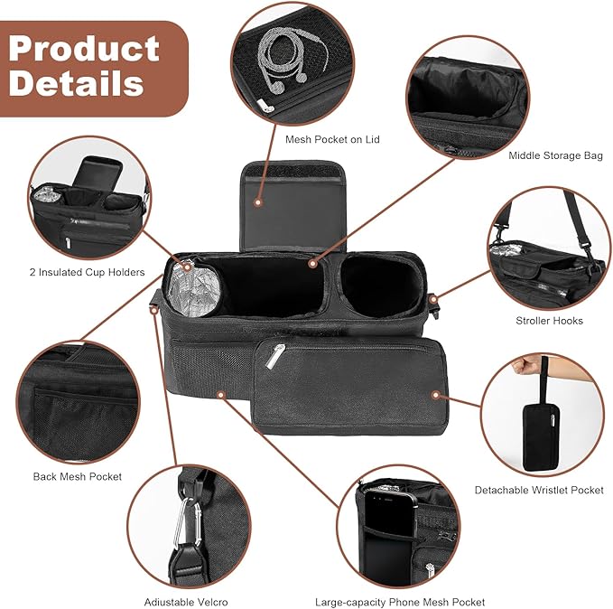 Bjabtan Universal Stroller Organizer with Insulated Cup Holder, Stroller Caddy with Detachable Bag & Shoulder Strap, Stroller Attachment Non-Slip Secure Hooks Accessories Fits Most Strollers