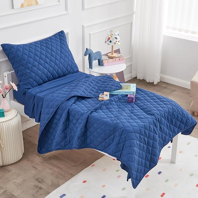 Wowelife Toddler Bed Set Blue, 4 PCS Toddler Bedding Sets for Boys and Girls, Premium Lightweight Soft Crib Comforter Set, Includes Quilted Comforter, Fitted Sheet, Flat Top Sheet and Pillowcase
