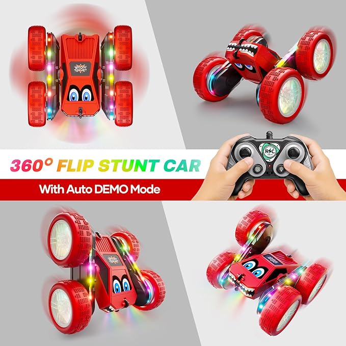 WayEee Remote Control Car, 360° Flips RC Stunt Car with LED Lights Strips, Type-C Charge Modular Battery, 2.4 GHZ Double Sided High Speed RC Cars for Boys Age 8-12 Girls 3+ Kids Toys Birthday Gifts
