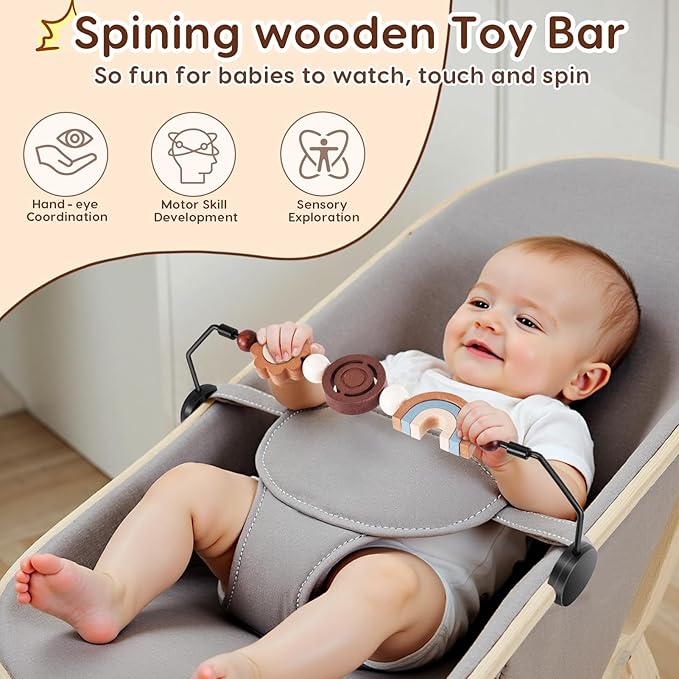 Baby Bouncer Toy Bar Wooden Compatible with Baby Bjorn Bouncer, Durable Wooden Bouncer Toy Bar Attachment, Tight and Secure Fit, Rotatable Sensory Toys for Curious Babies (Flower and Rainbow)