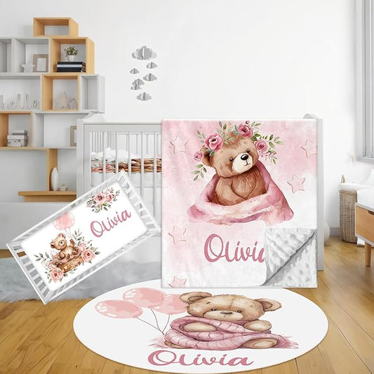 Personalized Baby Crib Bedding Set, 3 Pcs Custom Nursery Bedding Set with Name, Soft Double Layer Baby Crib Set for Girls Boys, Customized for Toddlers Infants, Pink Bear