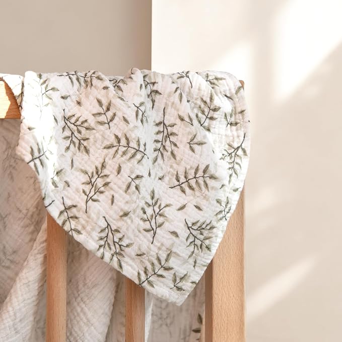 lulumoon Muslin Swaddle Blankets for Baby: Cotton & Soft Receiving Blanket for Newborn with Leaves Printed- Neutral Gift for Baby Shower 2pack(Olive Leaf)
