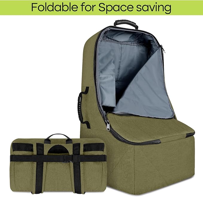 ZRRAJOY Padded Car Seat Travel Bag for Airplane, Heavy Duty Backpack for Air Travel, Water-Resistant Carrier with Shoulder Strap, Fits Most Car Seats (Green)