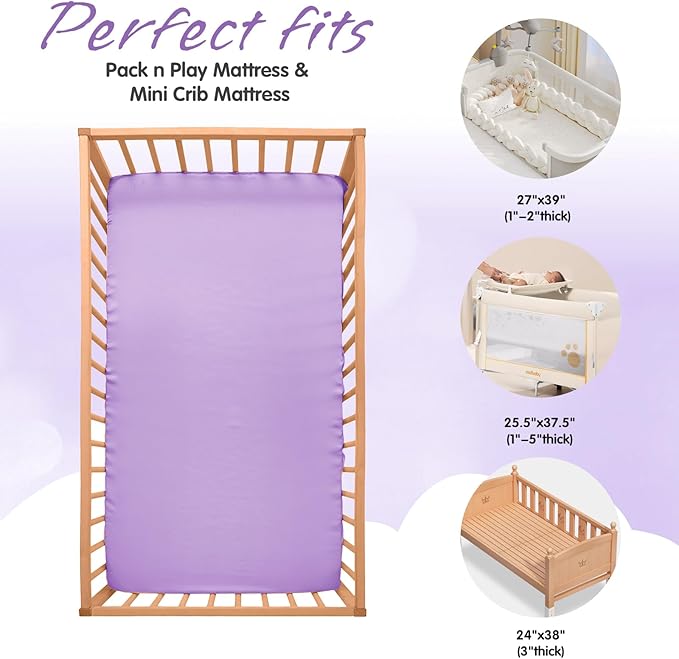 Horbaunal 2 Pack Satin Pack n Play Sheets for Baby with Sensitive Hair and Skin, Silky Mini Crib Sheets 38" x 24" x 5", Soft Playard Sheet Protector Baby Mattress Sheet, Blush Pink & Violet