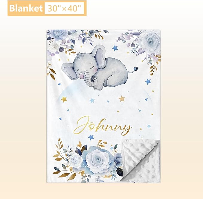 Custom Baby Bedding Set, 3 Pcs Personalized Name Crib Bedding Set for Nursery, Cute Baby Crib Set with Double Layer Blanket for Boys Girls, Customized Gifts for Toddlers Infants, Blue Elephant