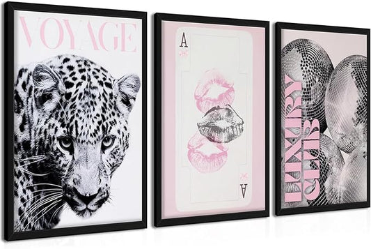 Pink Cheetah Wall Art Set of 3, Y2K Trendy Leopard Canvas Wall Decor Paintings, Preppy Black and White Cheetah Disco Posters Prints Pictures for Girly Room Bedroom Dorm 12x16 Inch Wood Framed