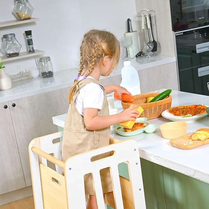 WINGYZ Toddler Tower – Adjustable Step Stool Helper for Kids 18M–6Y, Kitchen Learning Stool with Safety Rail, 3-Height Adjustable, Sliding Door, Full Support Foot, Wooden Updated Design, White