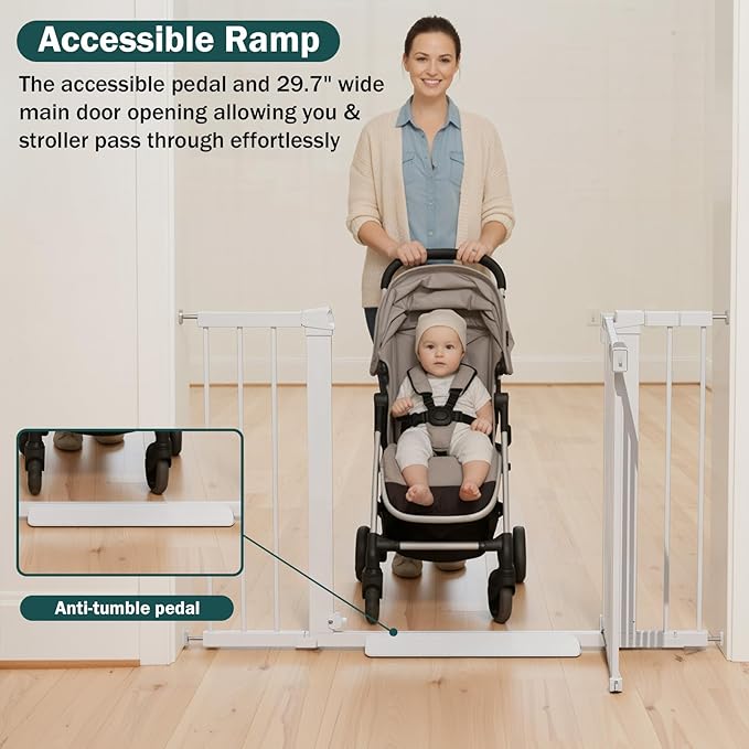 Mumeasy 36" Extra Tall Dog Gate, Auto Close Baby Gate for Stairs Doorways, 29.7-46" Wide Walk Thru Child Safety Gate for House, Easy Install Pressure Mounted Metal Pet Gate with Door, White