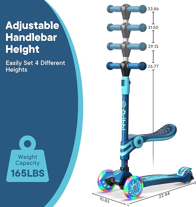 Blue 3 Wheel Scooter with Seat for Kids, Light-Up Wheels, Adjustable Lean to Steer Handlebar and Seat, Smooth Wheels, Wide No-Slip Deck, Rear Foot Brake, Toddler Outdoor Toys for Ages 2+