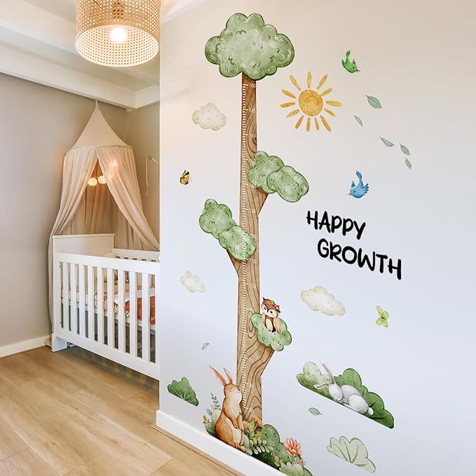 DRWSSR 3D Cartoon Height Growth Chart for Kids Wall Stickers Removable DIY Jungle Animals and Plants Height Sticker Peel and Stick Sun White Clouds Wall Art Decor for Nursery Kids Bedroom Living Room