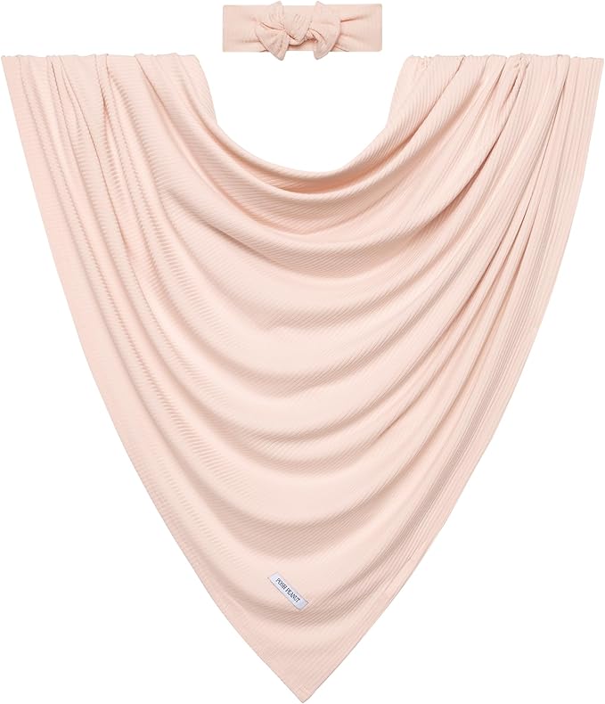 Posh Peanut Swaddle Blanket & Headband Set – Viscose from Bamboo Stretchy Baby Swaddle for Newborn Girls, Receiving Blanket or Nursing Cover (Sandy Blush)