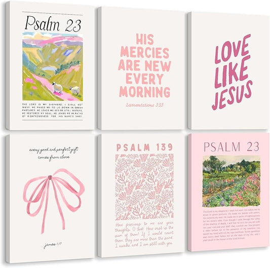 Christian Wall Art Pink Bible Verse Canvas Wall Decor Trendy Preppy Room Poster Cute Girls Scripture Pictures Decor Floral Bow Religious Prints Nursery Artwork for Bedroom 8x10x6 Inch Wrapped Canvas