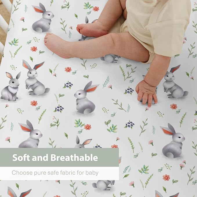 Easter Spring Bunny Flowers Baby Crib Sheets for Boy Girl 28"x52" Rabbit Boho Wildflower Soft Snug Fitted Crib Mattress Cover Garden Animal Nursery Baby Sheet for Standard Crib and Toddler Mattress