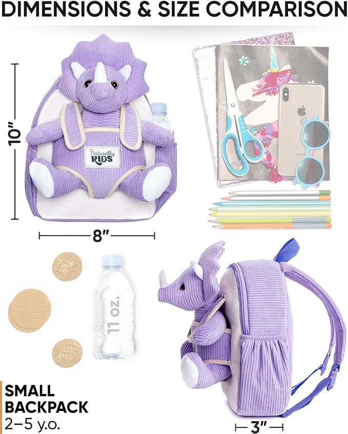 Naturally KIDS Purple Dinosaur Toys for Girls, Triceratops Toy, Dinosaur Gifts for 2 3 Year Old Girls, Toddler Backpack