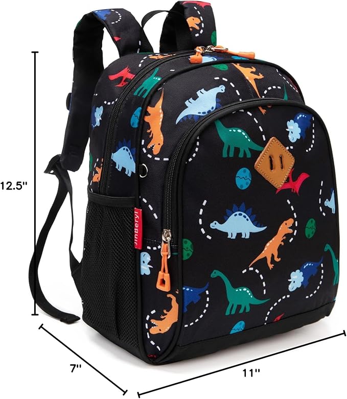 JinBeryl Toddler Backpack for Boys or Girls, Little Kids Backpack for Preschool or Kindergarten (Dinosaur Black, Mini)