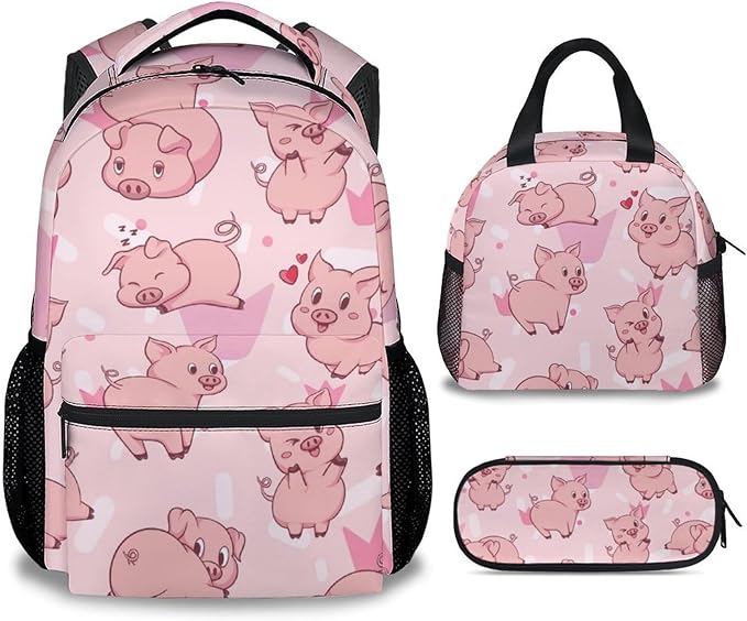 AIOMXZZ Pig Backpack with Lunch Box and Pencil Case, 16 Inch Cute Pig Bookbag Durable, Lightweight, Large Capacity, Funny Animal Backpack for School Girls Kids Women
