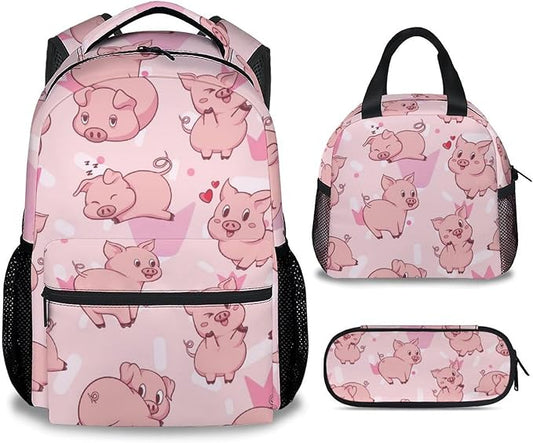 AIOMXZZ Pig Backpack with Lunch Box and Pencil Case, 16 Inch Cute Pig Bookbag Durable, Lightweight, Large Capacity, Funny Animal Backpack for School Girls Kids Women