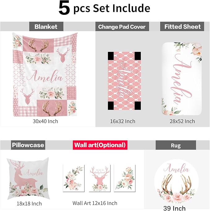 Custom Baby Bedding Set: Personalized Pink Deer Antlers Bedding, Baby Blanket Fitted Sheet Changing Cover Nursery Rug Gift Idea Room Decor
