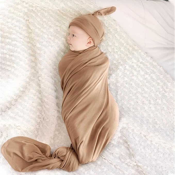 GRSSDER Newborn Swaddle Blankets, Ultra Soft Jersey Receiving Blanket with Matching Headband and Beanie Set, Stretchy Baby Blanket 47×47", Neutral Swaddle Wrap for Girls and Boys