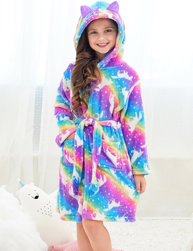Doctor Unicorn Girls Leopard Cat Robe Kids Fleece Warm Hooded Bathrobe