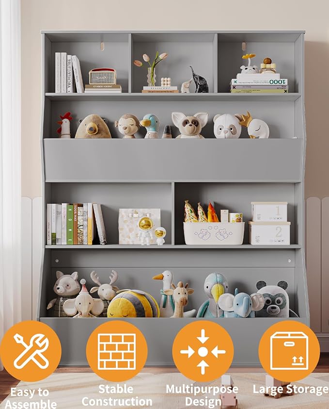 Arlopu Kids Bookshelf & Toy Storage Organizer, 4 Tier Wooden Cabinet with Open Design, Toddler-Friendly Bookcase for Playroom, Nursery, Classroom, Kindergarten (Grey)