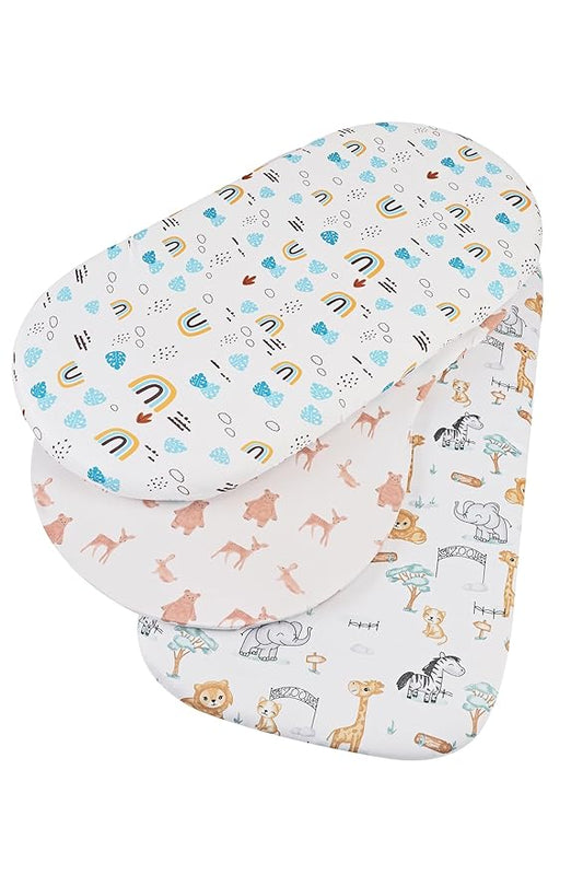 Onacosht Bassinet Sheets 3 Pack Fitted for Baby Boy and Girl, Stretchy Soft Knitted Baby Sheet Set Universal for Oval Rectangle and Hourglass Bassinet Mattress, Unisex Cute Animal Printing