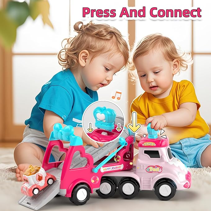 Truck Toys for 2 3 Year Old Girl, 7-in-1 Carrier Truck Car for Toddler Girl, Toys Cars Age 2-3-4 with Light & Music, Birthday Gifts for 2+ 3+ Year Old Girls