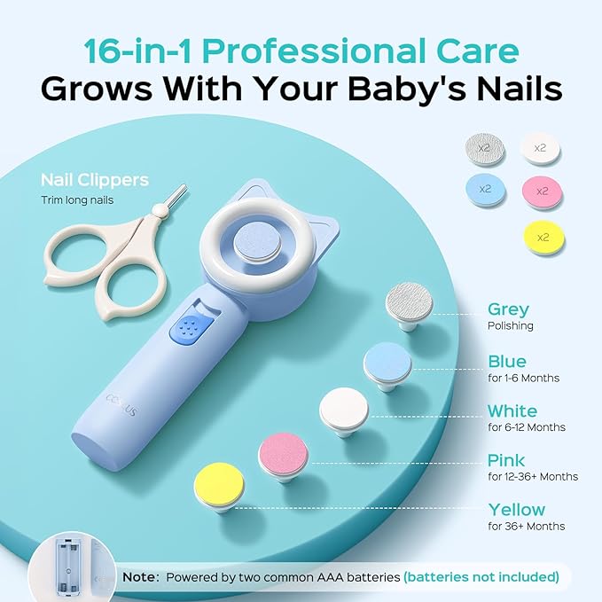 COSLUS Baby Nail File, Baby Nail Trimmer Electric, Baby Nail Clipper - Gentle, Quiet with 360° Light, Safe for Sleep Time Grinding, 16-in-1 Kit for Newborn, Infant & Toddler (C50, Sky Blue)