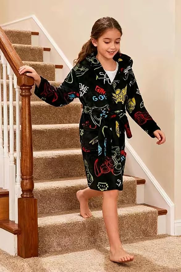 Boys Girls Robe Kids Flannel Hooded Bathrobe Sleepwear Pajamas Toddler Soft Plush Robes for Girls 2-16 Years