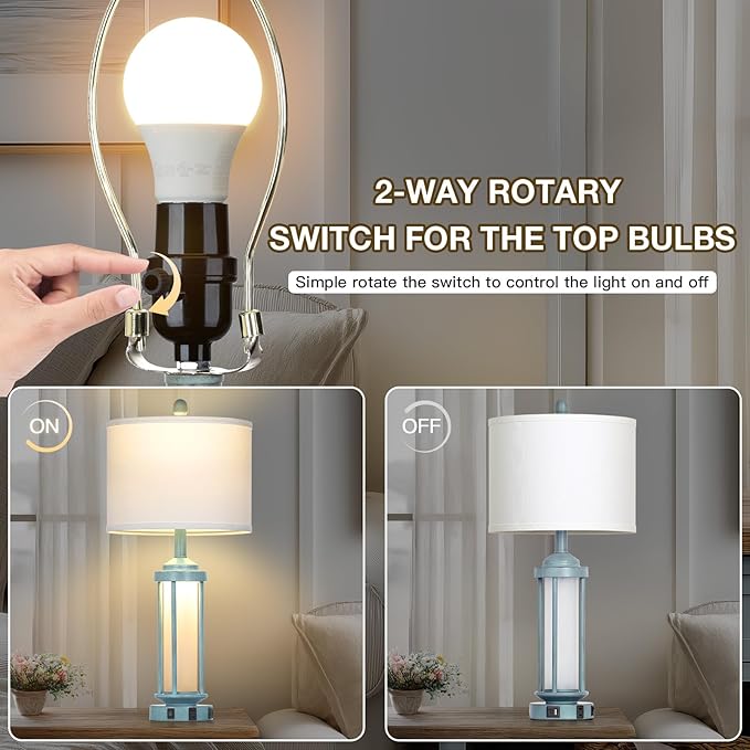 Farmhouse Table Lamps Set of 2 for Living Room, 27" Tall Rustic Vintage Table Lamp with USB A+C Charging Ports & AC Outlet, Modern Retro industrial Nightstand Bedside Lamp for Bedroom Side Table Decor