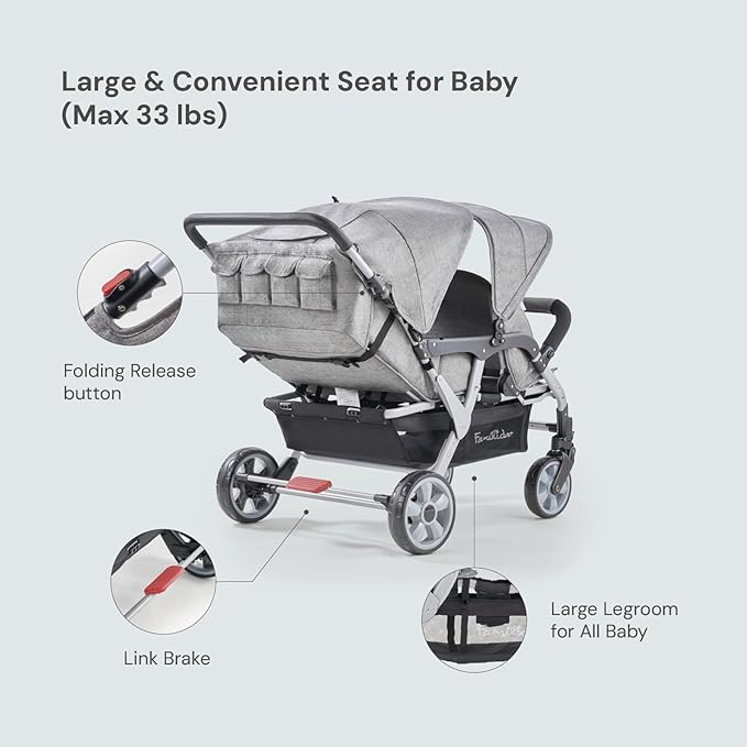 Familidoo H4E Quad Stroller Wagon for Kids, 4-Seater Daycare Baby Stroller with 5-Point Safety Harness, Lightweight & Foldable with All Reclining Seats, Double Canopy & Rain Cover (Gray)