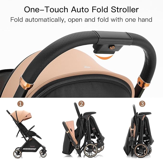 Gravity Folding Baby Stroller - Portable Travel Toddler Stroller w/Adjustable Backrest, Canopy & Cup Holder, Lightweight and UV Protected, One-Hand Automatic Folding - Khaki