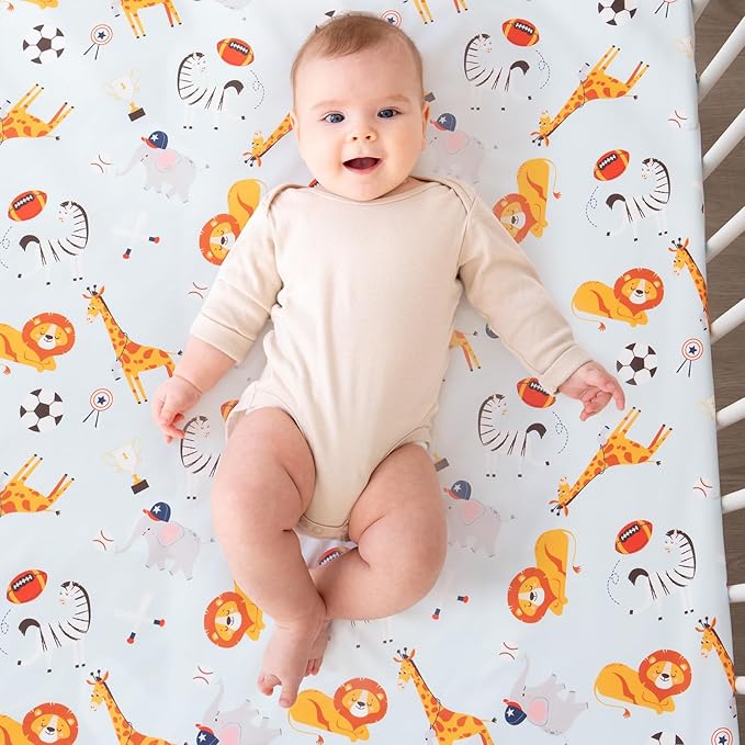 4 Pieces Crib Bedding Set for Baby Boys Girls, Infant Toddler Nursery Baby Bedding Sets Includes Cartoon Quilt, Fitted Crib Sheet, Crib Skirt and Plush Football Toy (MVP)