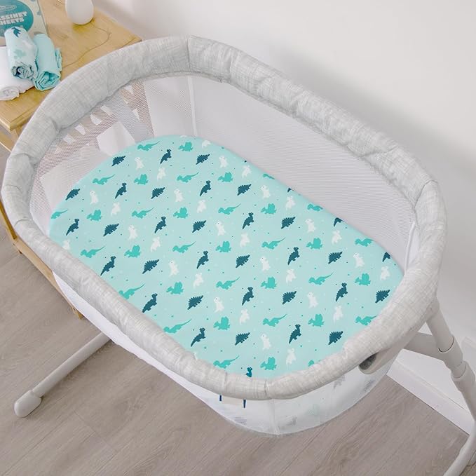 Bassinet Fitted Sheets 4 Pack Compatible with Graco DreamMore/Sense2Snooze Bedside, Simmons Kids and Munchkin Brica Baby Travel Pod, Ultra Soft and Skin-Friendly, Aqua Dinosaurs & White Ocean