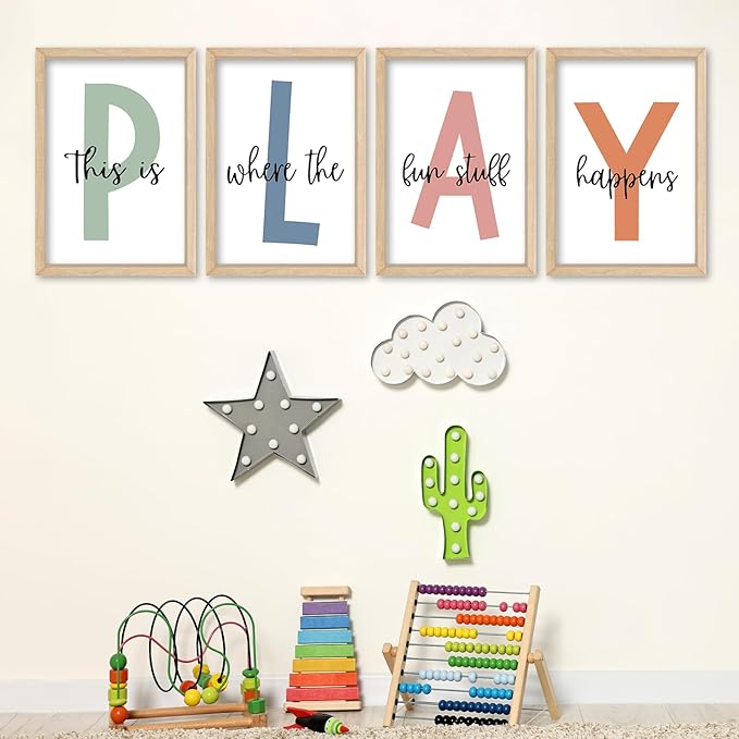 YWJKWLGS This Is Where The Fun Stuff Happens Kids Playroom Wall Decor 16"x11" Set of 4 Nursery Interesting Modren Wood Framed Let's Play Prints Sign for Boy Toddler Children Wall Hanging Art (Wood)