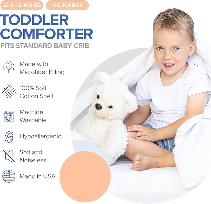 Continental Bedding Toddler Comforter, Microfiber Duvet Insert, Sleep Blanket with Cotton Shell, Fits Standard Crib, Toddler Bed, 39x47 Inches, White