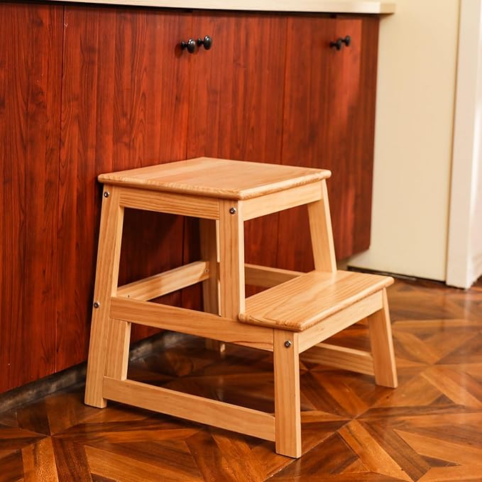 Kids Kitchen Step Stool for Kids with Safety Rail,Solid Wood Construction Toddler Learning Stool, Montessori Toddlers Kitchen Stool Tower(Natural)