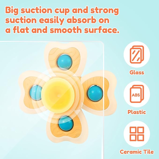 Vanmor Baby Suction Cup Spinning Top Toys, Suction Spinner Toys for Babies, Window Suction Toys for Baby High Chair Tray Bath Table Airplane Travel, Sensory Toys & Best Gift for Toddlers 1-3 (4 Pcs)