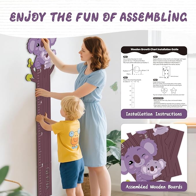 Woodemon Personalized Name Growth Chart, Cute Koala Wooden Growth Chart for Kids, Height Chart for Boys Girls, Measuring Board for Kids Height for Child's Room, Nursery Decor Decoration