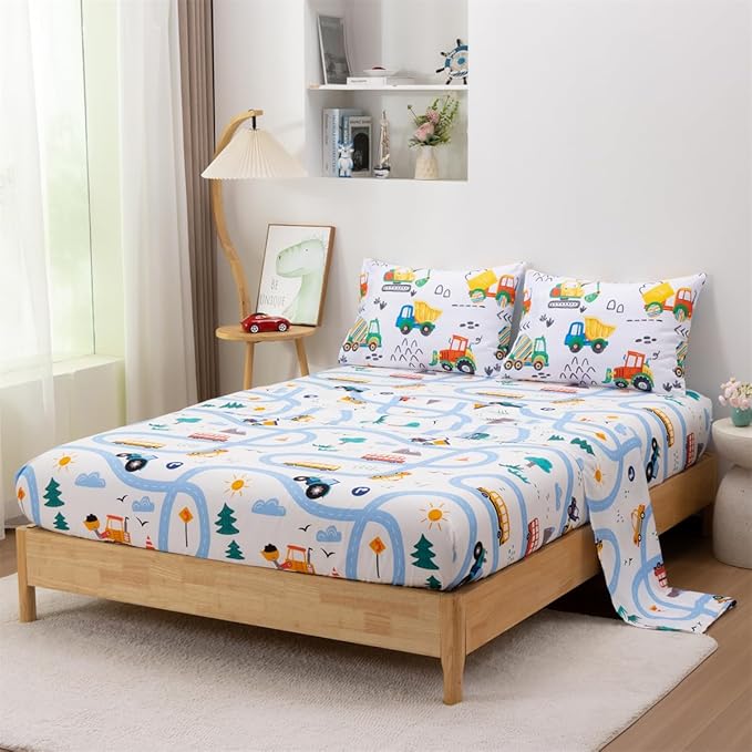 NTBED 5 Pieces Construction Truck Full Comforter Set for Boys Kids Colorful Painting Vehicles Excavator Lightweight Microfiber Bedding Sets