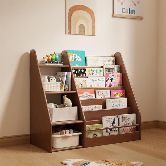 DONGMUWUJEE Solid Wood Kids Bookshelf and Storage Organizer, 7 Layer Children Bookcase, Baby Toddler Wooden Book Shelf, Display Cabinet for Playroom, Bedroom, Classroom, Nursery, School, Walnut