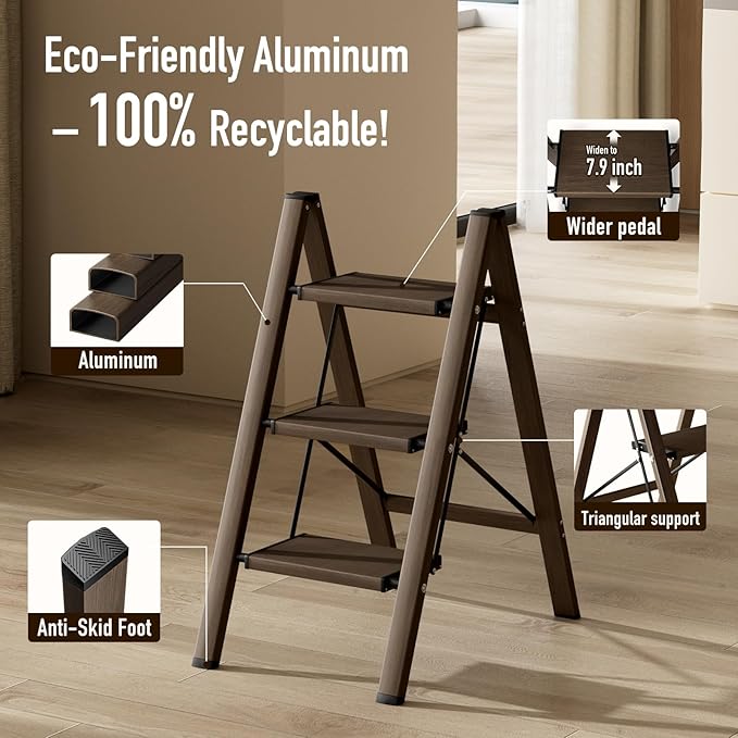 Mayi Plus 3 Step Ladder,Aluminum Folding Step Stool for Adults,Step Ladder with Wide Anti-Slip Pedal,330 lbs Capacity for Home,Office,Kitchen,Library(Walnut)