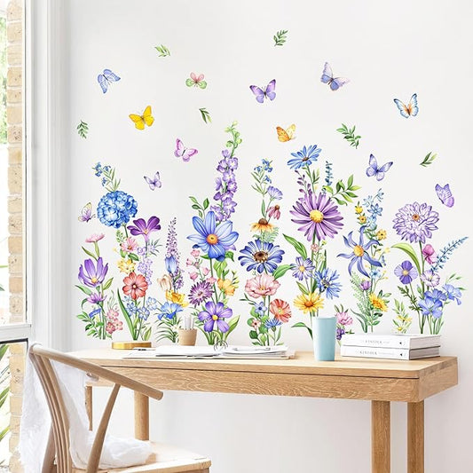 Tanlaby Wildflower Wall Decals Daisy Grass Butterflies Blue Flower Wall Stickers Floral Botanical Wall Art Decor for Baby Nursery Girl Bedroom Living Room Sofa