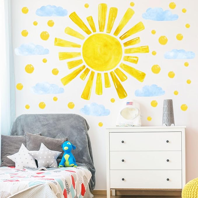 Eutecado Large Sun Wall Decals Cloud Polka Dots Wall Stickers for Girls Room, 12 Sheets Watercolor Sun Wall Decor Stickers Cute Cloud Wallpaper Delicate Decorations for Kids Room Bedroom
