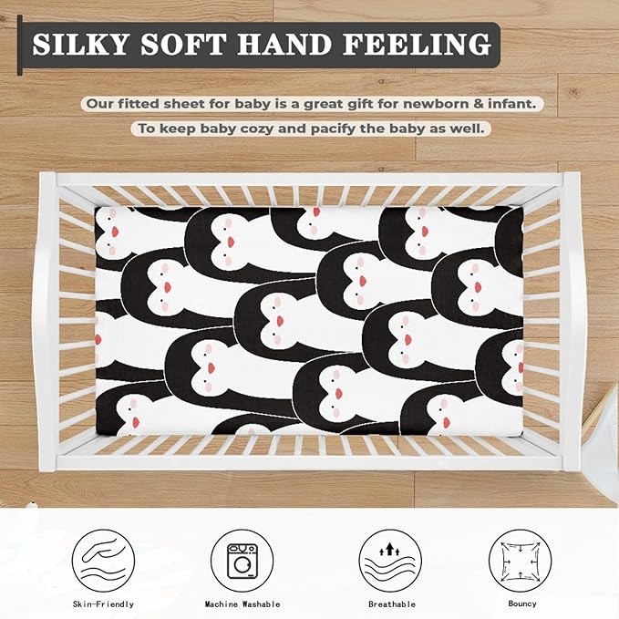 Cute Penguins Fitted Crib Sheet Penguin Cartoon Baby Crib Sheet Fit Standard Crib and Toddler Mattress,Crib Mattress Sheets for Boys Girls 28"x52"