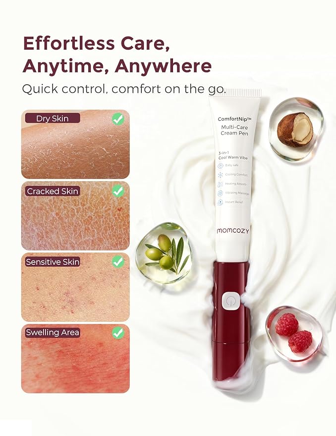 Momcozy ComfortNip™ 3-in-1 Multi-Care Cream Pen Kit, Heat/Cool/Vibe Breadfeeding Pen + Nipple Cream Refills Combo, Rechargeable Touch-Free 316 Steel Head for Nipple Pain Relief