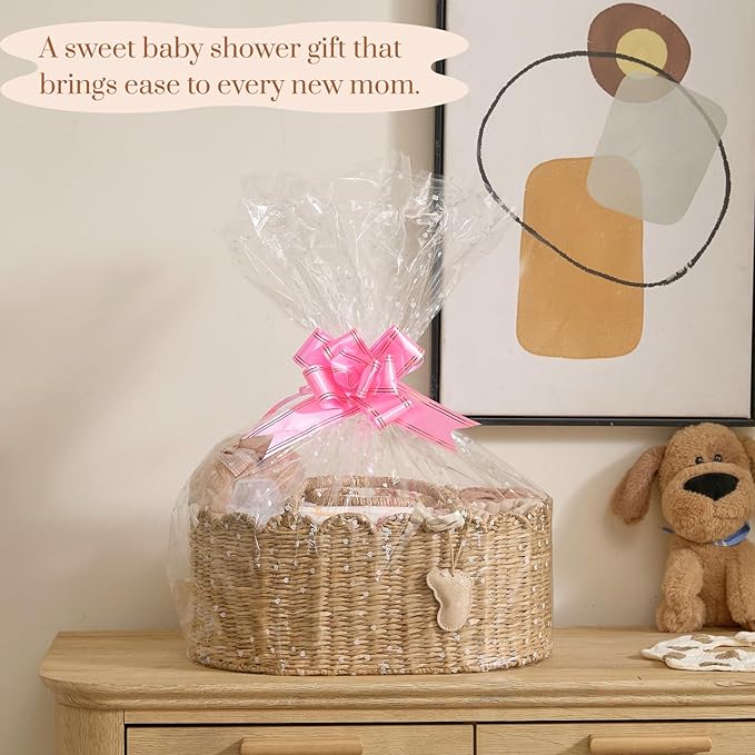 YANGQIHOME Diaper Caddy Organizer, Seagrass Nursery Baby Basket for Baby Essentials, Scalloped Wicker Diaper Caddy, Baby Shower Gifts (MeadowNest)