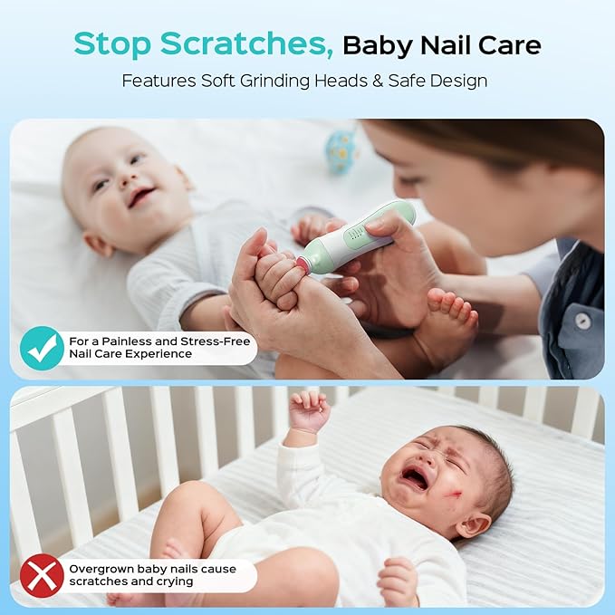 COSLUS Rechargeable Baby Nail File: Cordless Baby Nail Trimmer Electric with 5 Speeds & 6 Grinding Heads for Baby Kid, CPC Certified and Quiet Design - Safe for Sleep Trim Buffer, C52, Green