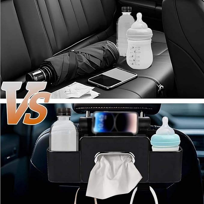 OJEYDFU 3-in-1 Car Backseat Organizer, 2026 Upgraded Multifunctional Car Seat Back Storage Box, Backseat Car Organizer with 2 Cup Holders, Tissue Box & Hooks, Universal Car Essentials (Black)
